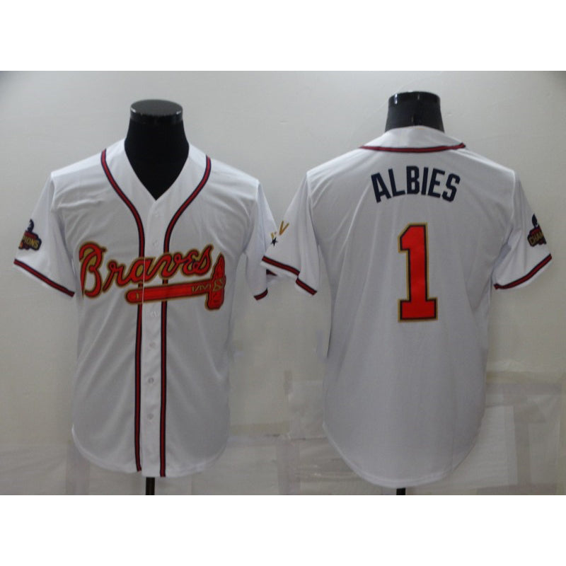 A.Braves #1 Ozzie Albies 2022 White Gold World Series Champions Program Cool Base Stitched Baseball Jersey